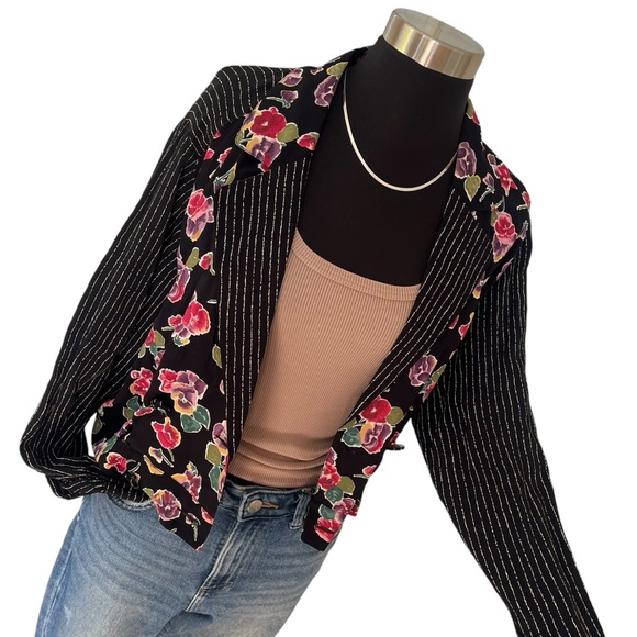 Vintage Tops - Vintage black floral striped blouse 6